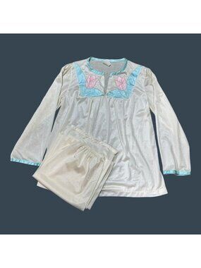Vintage Made USA Nylon Pajama Set Tulip Floral Pattern Pants Shirt Sz S Retro